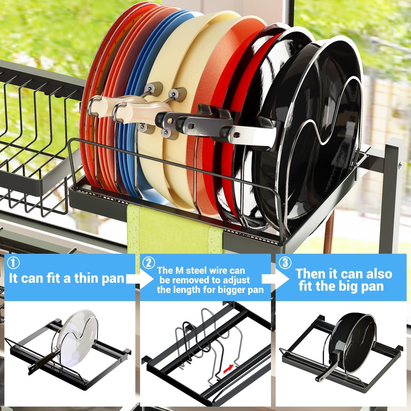 Over Sink Dish Drying Rack (Expandable Height/Length) Snap-On Design Large Dish Draine Storage Counter Organizer (24" - 35.5" L x 12" W x 19" - 22" H)