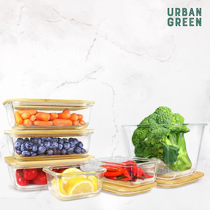 Urban Green Glass Containers with Bamboo Lids, Aitight Storage Container Set of 4, Meal Prep Food Container Set, Oven, Freezer, Microwave Safe, 35oz