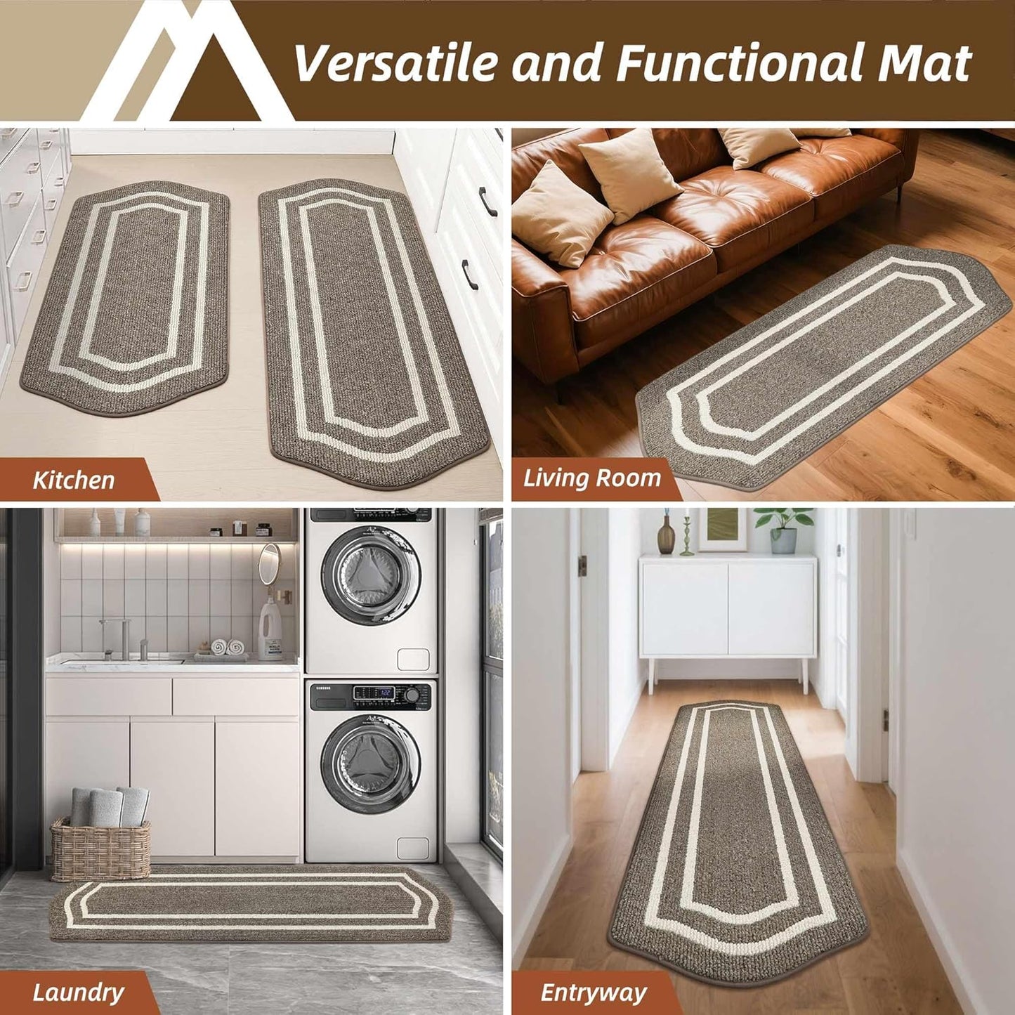 COSY HOMEER Long Kitchen Floor Mats for in Front of Sink Super Absorbent Kitchen Rugs and Mats 24"x59" Non-Skid Kitchen Mat Standing Mat Washable,Polypropylene,Brown,Frame