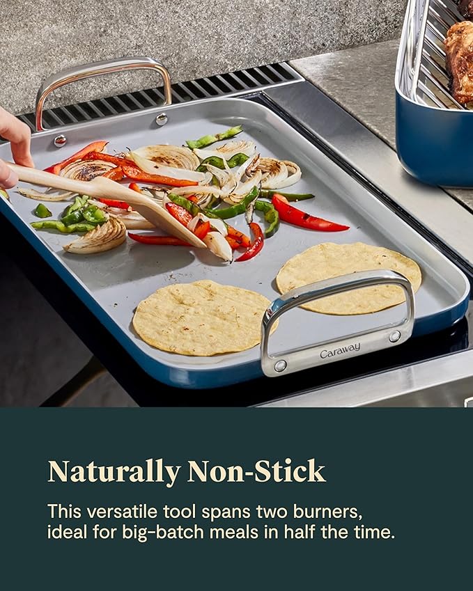 Caraway Double Burner Griddle - 19x12” Griddle Pan - Non-Stick Ceramic Coated - Non Toxic, PTFE & PFOA Free - Oven Safe & Compatible with All Stovetops - White