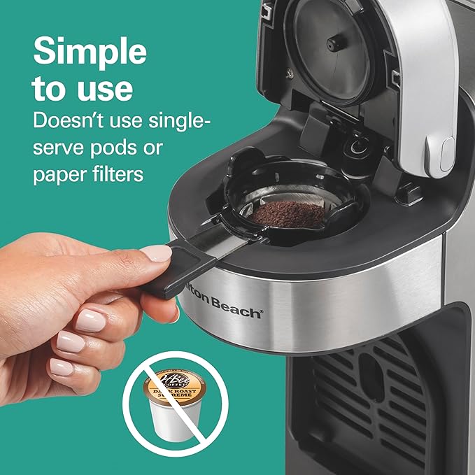 Hamilton Beach The Scoop Single Serve Coffee Maker & Fast Grounds Brewer for 8-14oz. Cups, Brews in Minutes, 40oz. Removable Reservoir, Stainless Steel (49987),Silver