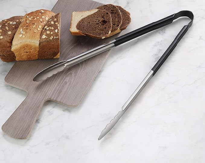 New Star Foodservice 35797 16-Inch Utility Spring Tongs, Stainless Steel, Vinyl Coated, Set of 12, Black