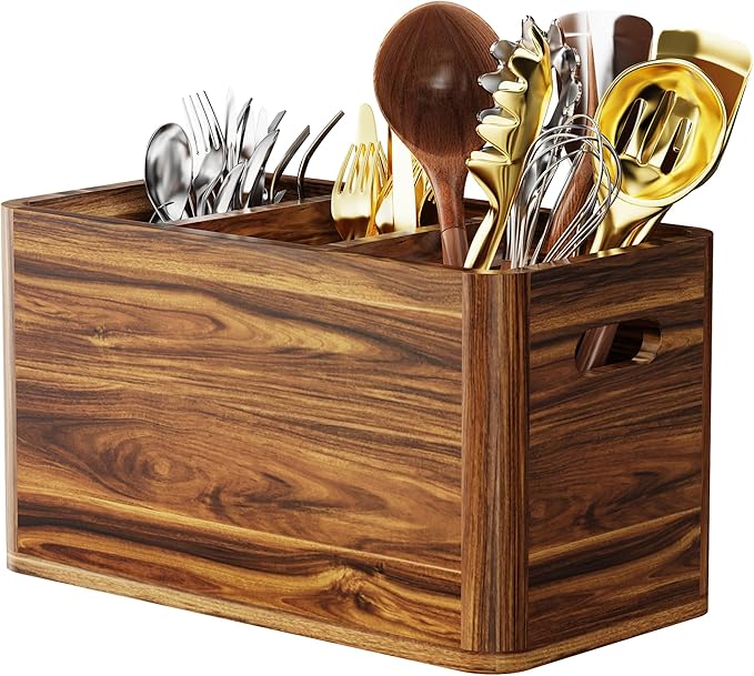 Yirilan Wooden Kitchen Utensil Holder for Counter, Acacia Wood Utensil Holder for Storage Cooking and Silverware with 3 Compartment, Rustic Wooden Organizer Container