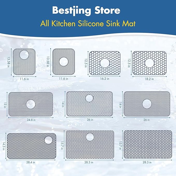 Bestjing Silicone Sink Protectors for Kitchen Sink with Rear Drain - 28.3"x 15.7" Kitchen Protector Accessory, Non-Slip Heat Resistan Mat for Bottom of Farmhouse Stainless Steel (Rear Hole, Black)