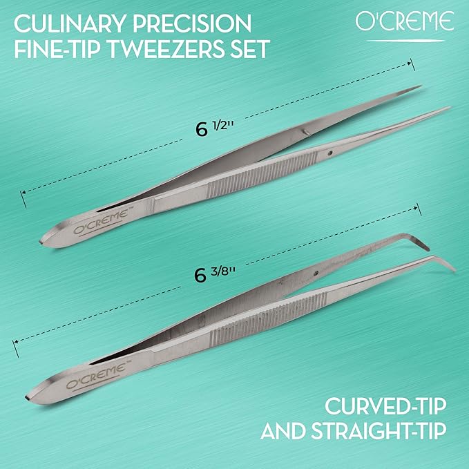 O'Creme Stainless Steel Precision Kitchen Culinary Fine-Tip Tweezer Tongs, 1 Curved and 1 Straight