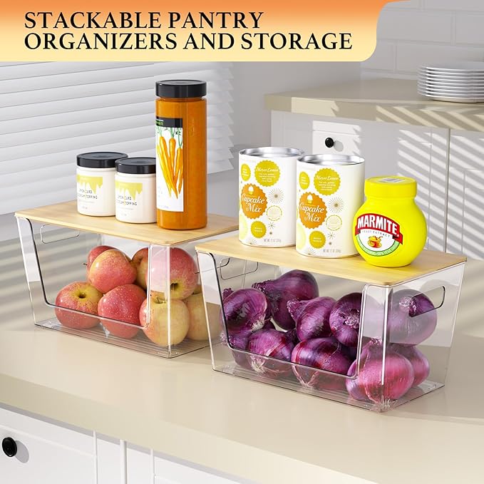 6 Pack Clear Stackable Storage Bins with Bamboo Lids, Trash Bag Holder Dispenser Under Sink Organizer for 4-13 Gal Bags, Plastic Storage Containers for Pantry Bathroom Kitchen Organization