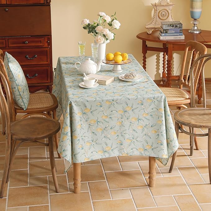 patdrea Designer Linen Green Tablecloth for Rectangle Table,Vintage Yellow Fruits Pattern Extra Long Table Cloth,Decoration Cover for Kitchen Dining,Christmas,Thanksgiving,Party,63"x110"-Ania a