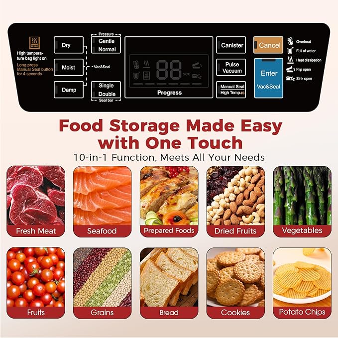 95kpa Vacuum Sealer Machine,Commercial Full Automatic Food Sealer,Powerful Sealing System with Double Heat Seal,Built-in Cutter&Bags Storage,1 Bag Rolls and 10 pcs Pre-cut Bags