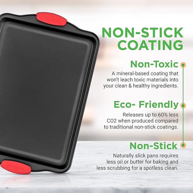 NutriChef Nonstick Baking Pans Set – Premium Cookie Sheets for Baking, Carbon Steel Stackable Baking Trays with Red Silicone Handles, Oven Safe Pans for Cookies, and Cakes, Dishwasher Safe (6 Pack)