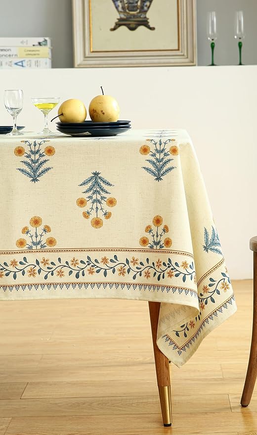 ISAENNE Designer French Pale Yellow Table Cloth for Rectangle Table,Linen Floral Tablecloth,Wrinkle Resistant Decor Tablecloths for Dining Thanksgiving Banquet Kitchen,55"*79"-Estevan A