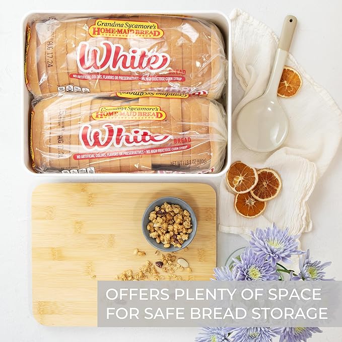 ZICOTO Beautiful Bread Box With Wooden Lid For Your Kitchen Countertop - Spacious Container Perfectly Stores Your Homemade Bread, English Muffins & Bagels - Quality Cutting Board Lid Keeps Loaf Fresh