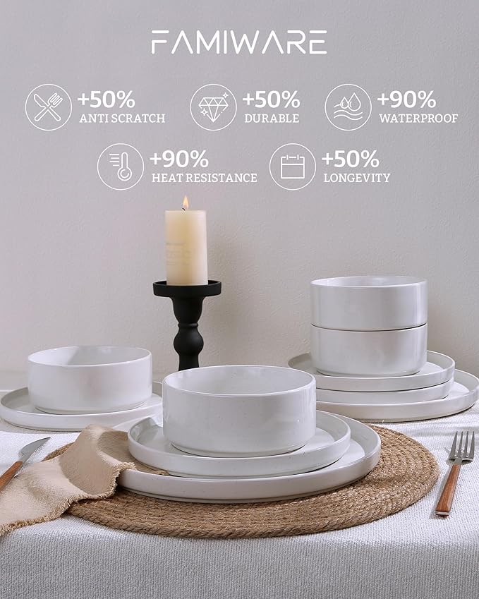Famiware Nebula Plates and Bowls Set, 24 Pieces Dinnerware Sets, Dishes Set for 8, White
