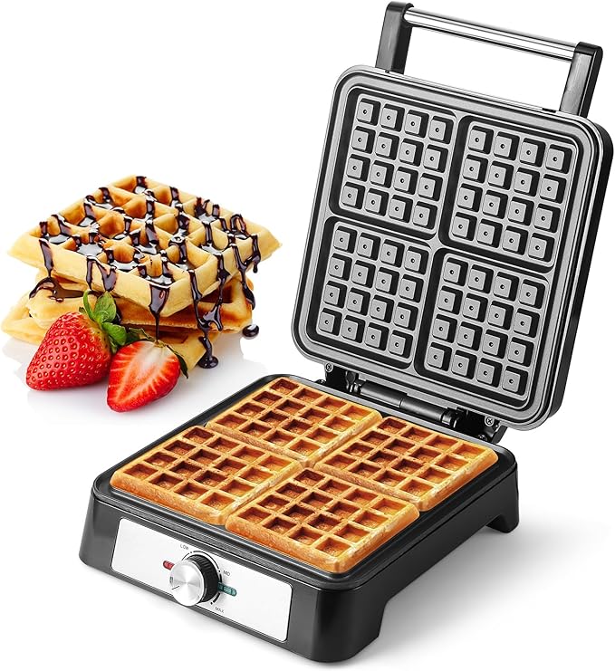 UVFAST Waffles Maker Waffle Iron, 4 Belgian Square Waffle Maker, Belgian Waffle Maker Thick with Non-stick Plate, Breakfast Waffle Machine Make Waffle in Minutes, 3 Browning Level, 1200W