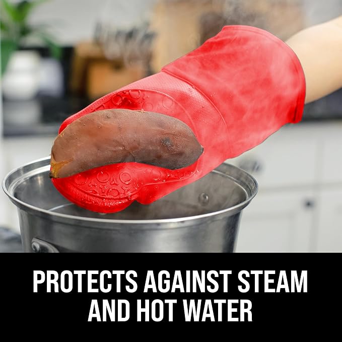 BPA-Free Silicone Oven Mitts Ultra Heat Resistant up to 500°F - Oven Mitts with Thick Cotton Liner - Long Slip Resistant Pot Holders, Flexible Oven Gloves - Canyon Red 13.7
