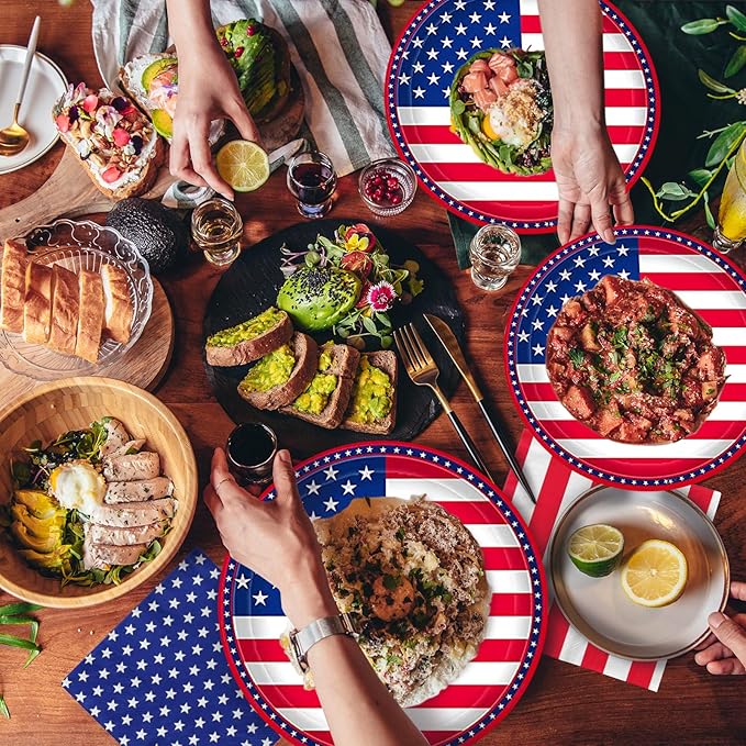 Gatherfun American Flag Patriotic Party Supplies Disposable Napkins Paper Plates and Paper Cups for Veterans Day Election Day 4th of July Independence Day Decorations, Serve 25