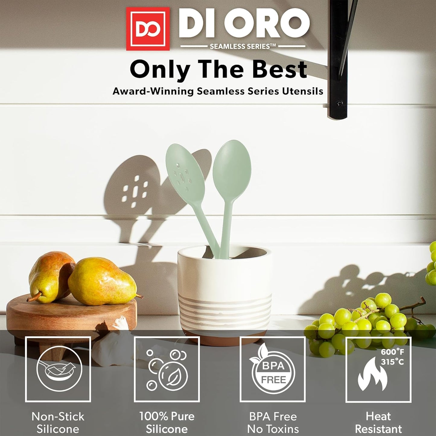 DI ORO Silicone Spoons for Cooking - Large Kitchen Spoons for Mixing, Serving, & Stirring - 600°F Heat-Resistant Non Stick Utensils – Big Solid & Slotted Basting Spoons - Dishwasher Safe (2pc, Sage)
