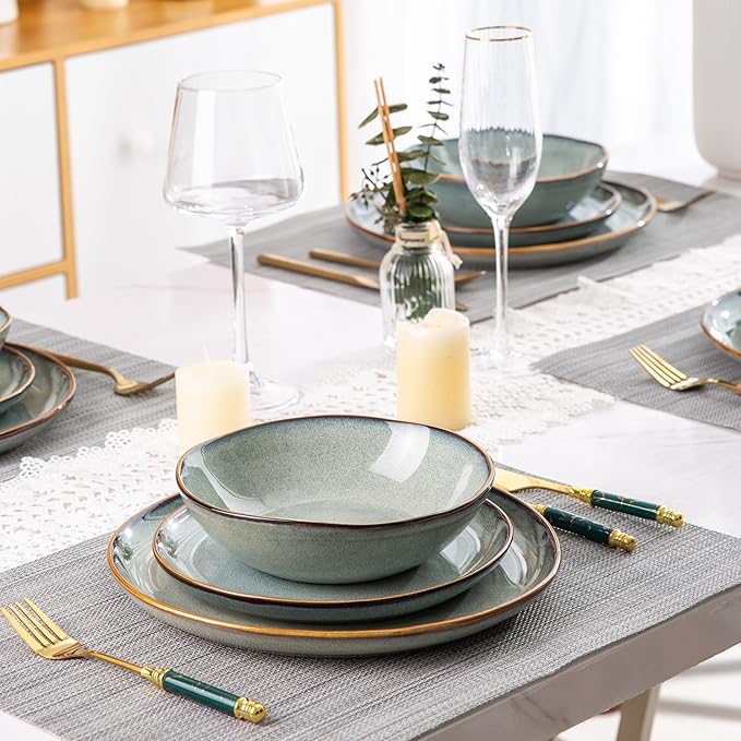 AmorArc Ceramic Dinnerware Sets,Handmade Reactive Glaze stoneware Plates and Bowls Sets,Highly Chip and Crack Resistant | Dishwasher & Microwave Safe,Service for 4 (12pc)