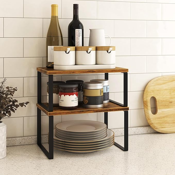 Kitchen Cabinet Organizer Shelf Set of 4, Sturdy Kitchen Counter Shelves with Metal Legs, Stackable Expandable Wood Spice Rack Pantry Cupboard Dish Mug Cup Storage Organizer Shelf, Rustic Brown
