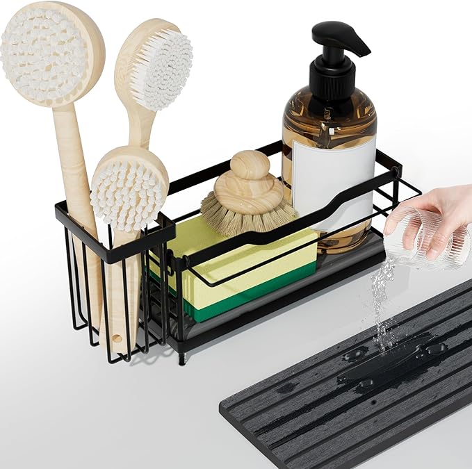 Sponge Holder for Kitchen Sink,Sink Caddy Organizer With Stone Drying Tray, Stainless Steel Kitchen Countertop Organizer for Sponge Soap Dispenser Black