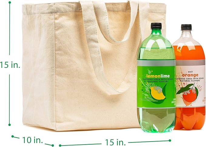 VeraMia Canvas Grocery Bag 3pc XL Set with Real Pockets, Long Shoulder Strap and Short Handle. Heavy Duty, Foldable, Washable