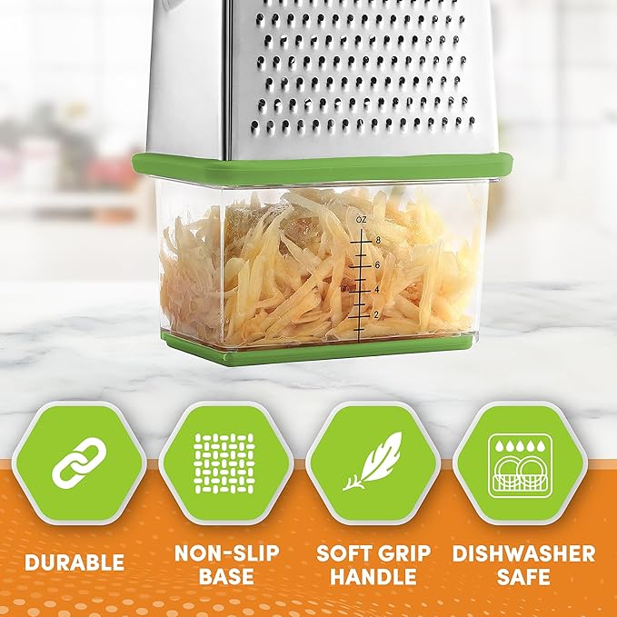 Spring Chef Professional Green 10" Parmesan Cheese Grater With Container, Stainless Steel Food Grater for Kitchen with Handle, 4 Sided Carrot Shredder, Handheld Vegetable & Cabbage Shredder