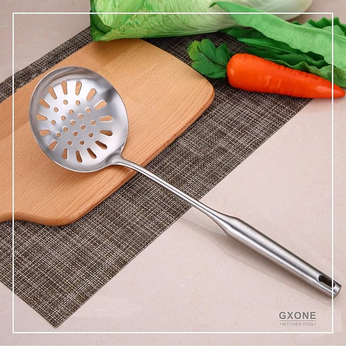 Skimmer Slotted Spoon,304 Stainless Steel Slotted Spoon, Handle Mesh Food Strainer Stainless Steel Colander with Hollow Handle Heat Resistant Cooking Tool,Silver/15.1Inch