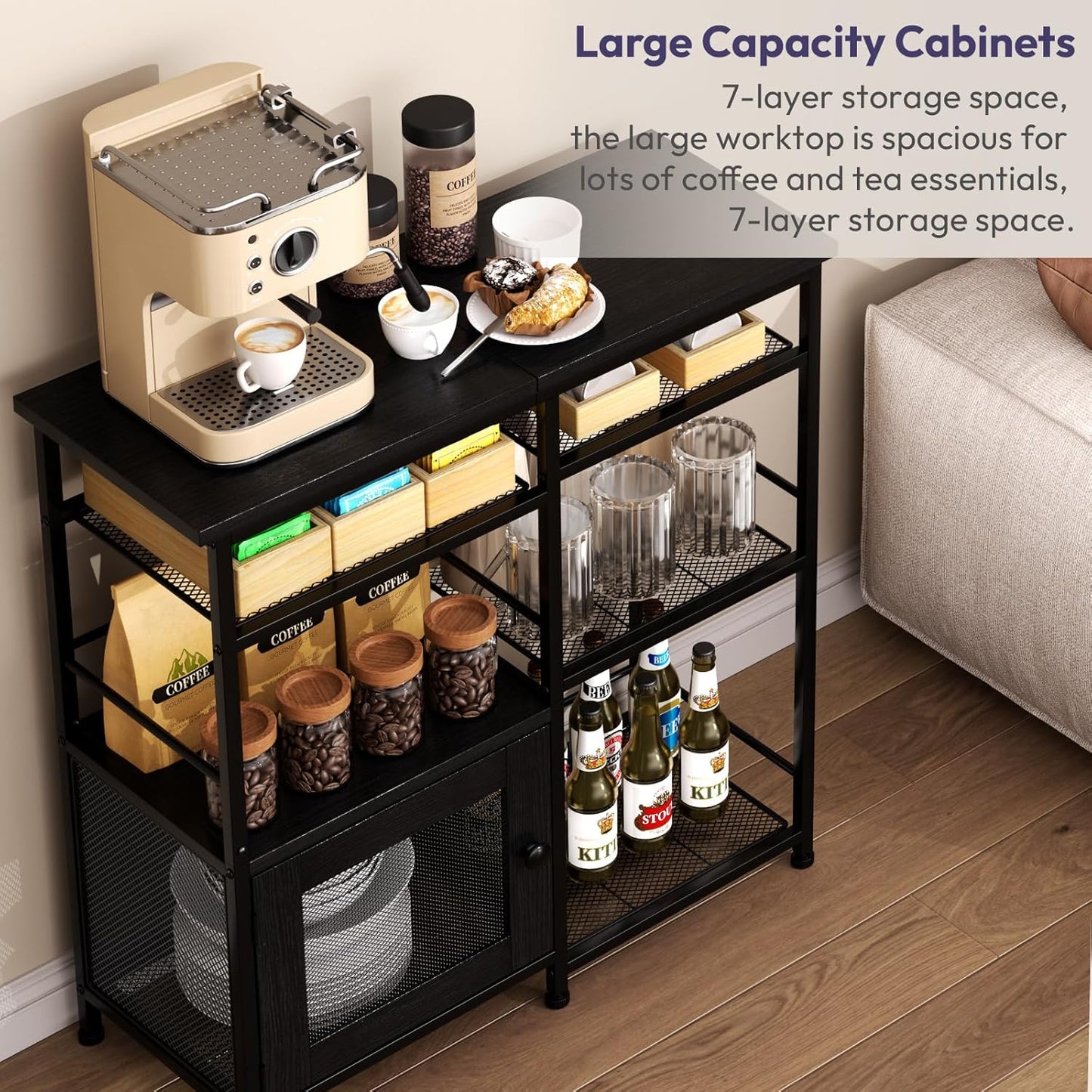 SWTYMIKI Coffee Bar Cabinet Station - Farmhouse Small Coffee Stand Station with Doors, Rustic Storage Organizer for Kitchen, Buffet Sideboard Cabinet Table for Home, Office, Corner, Bar, Black