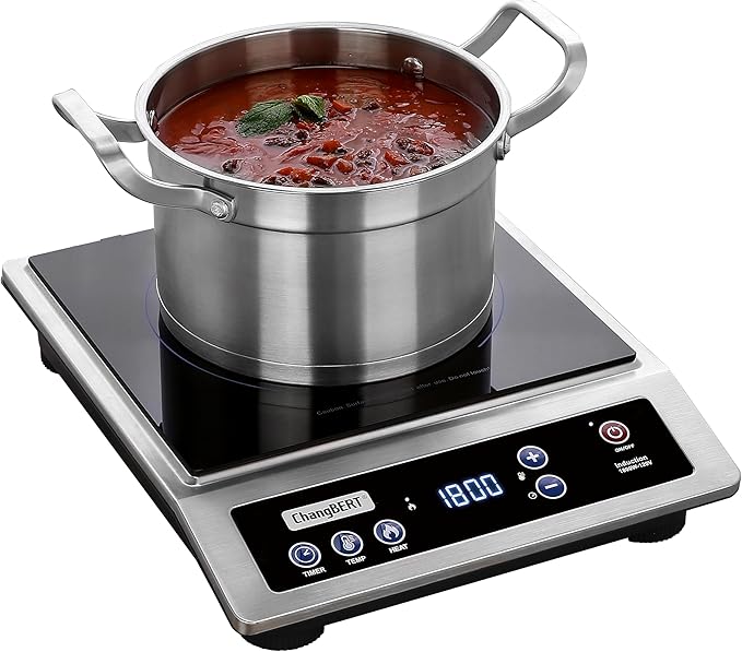 ChangBERT Induction Cooktop, Commercial Grade Portable Cooker, Large 8” Heating Coil, Premium Stainless Steel Countertop Burner with NSF Certified, 10 Hours Timer Powerful 1800W Professional Hot Plate