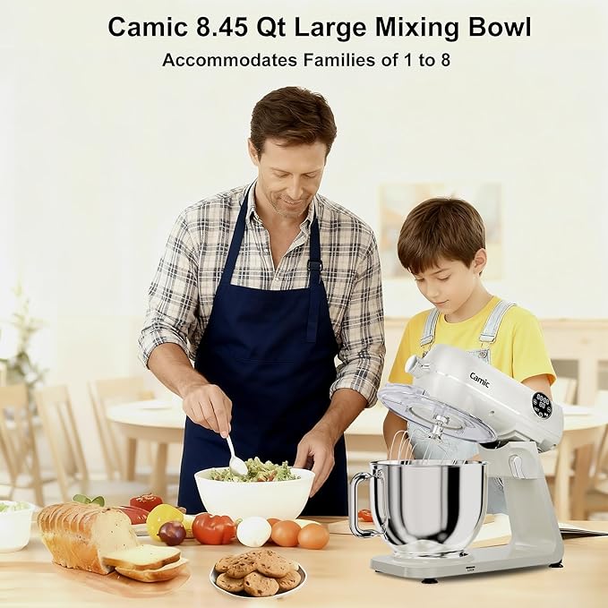8.45 QT All Metal Dough Mixer,10 Speed Large Capacity Kitchen Stand Mixer with Digital Timer & Tilt-Head, Electric Mixer with Whisk Dough Hook Mixing Beater for Baking,Cakes,Cookie,Bread,Salad(White)