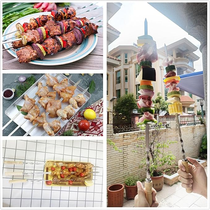 23.6" Large Size Kabob Skewers Flat Metal BBQ Barbecue Skewer Wooden Handle Stainless Steel Shish Kabob Stick Wide Reusable Grilling Set Meat Shrimp Chicken Vegetable Kebab Fork Sausage-12PCS
