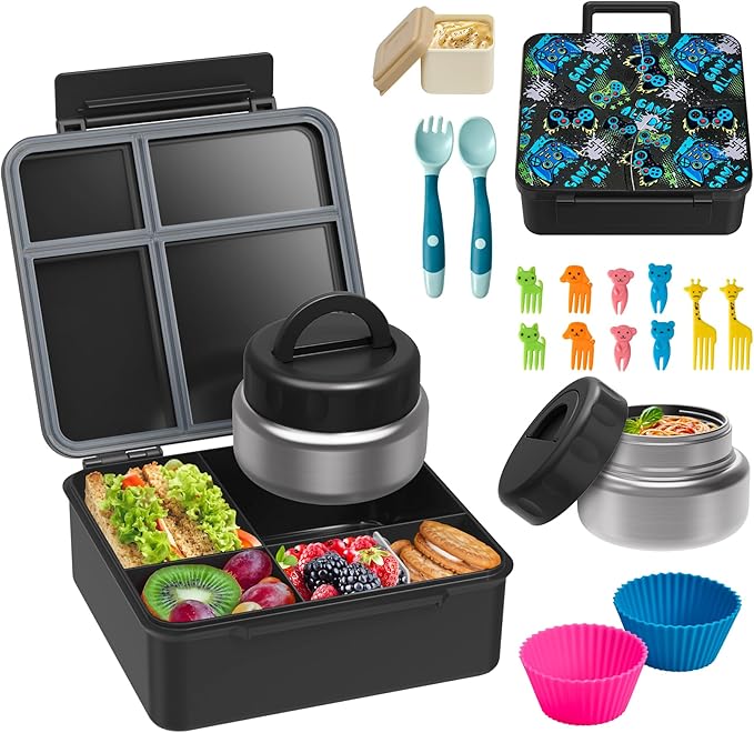 Bento Lunch Box with 9.5 oz Soup Thermo, Kids Leakproof 4 Compartments Bento Box with Silicone Cupcake,Fruit Fork,Spoon and Sauce Cup,Insulated Food Jar for School Travel-Game