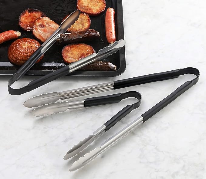 New Star Foodservice 35742 12-Inch Utility Spring Tongs, Stainless Steel, Vinyl Coated, Set of 12, Black