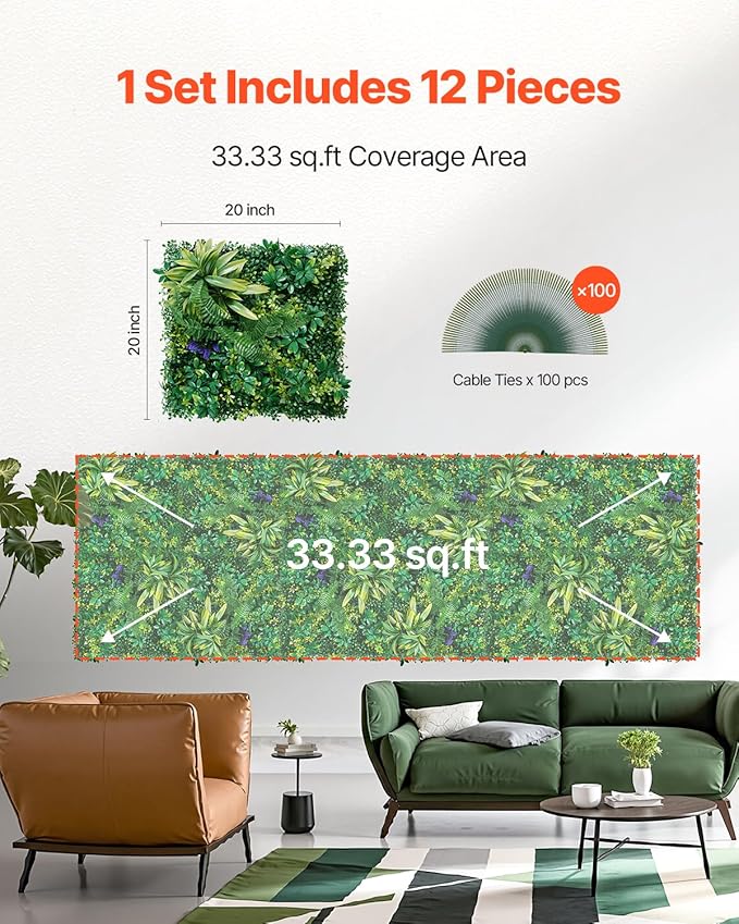 VEVOR Artificial Grass Wall Panels, 12 PCS 20 x 20 inch, 3D Combination Greenery Boxwood Panel for Indoor Outdoor Green Decor & Ivy Fence Covering, Privacy Backdrop Wall Hedge Screen for Garden