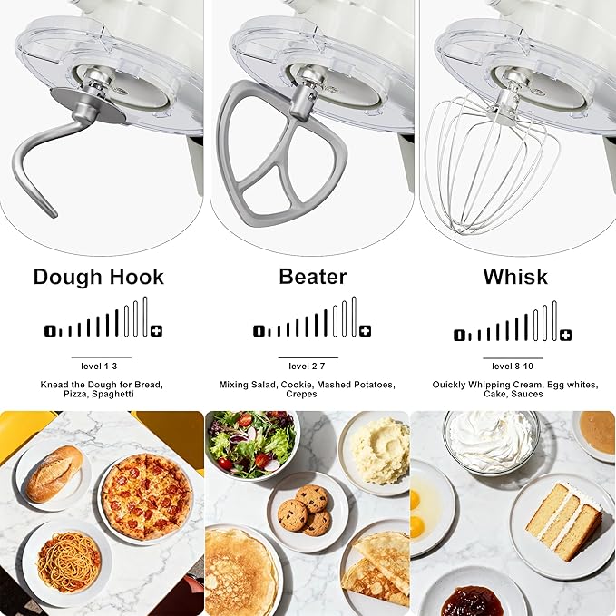 8.45 QT All Metal Dough Mixer,10 Speed Large Capacity Kitchen Stand Mixer with Digital Timer & Tilt-Head, Electric Mixer with Whisk Dough Hook Mixing Beater for Baking,Cakes,Cookie,Bread,Salad(White)