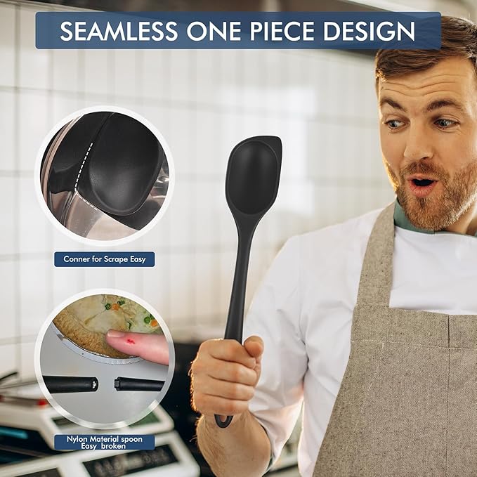 HOTEC Heat Resistant Silicone Cooking Spoon Spatula, Large Kitchen Solid and Slotted Spoons for Mixing, Serving, Scraping, Non-stick, Dishwasher Safe Black 12.5inch
