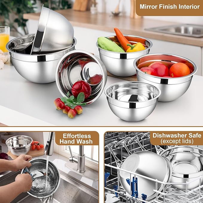 LIANYU Mixing Bowls with Visible Airtight Lids Set, 6Pcs Stainless Steel Kitchen Metal Nesting Bowls, Large Size 7, 3.5, 2.5, 2, 1.5, 1QT for Cooking, Baking, Serving, Dishwasher & Freezer Safe, Khaki