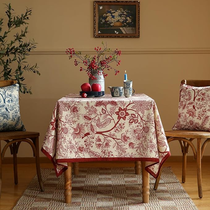 ISAENNE Designer French Linen Tablecloth Rectangular,Red Floral Washable Indoor Table Cloth,Durable Home Decor Tablecloths for Dining Thanksgiving Kitchen Party Christmas,55"*87"-Ruyi A