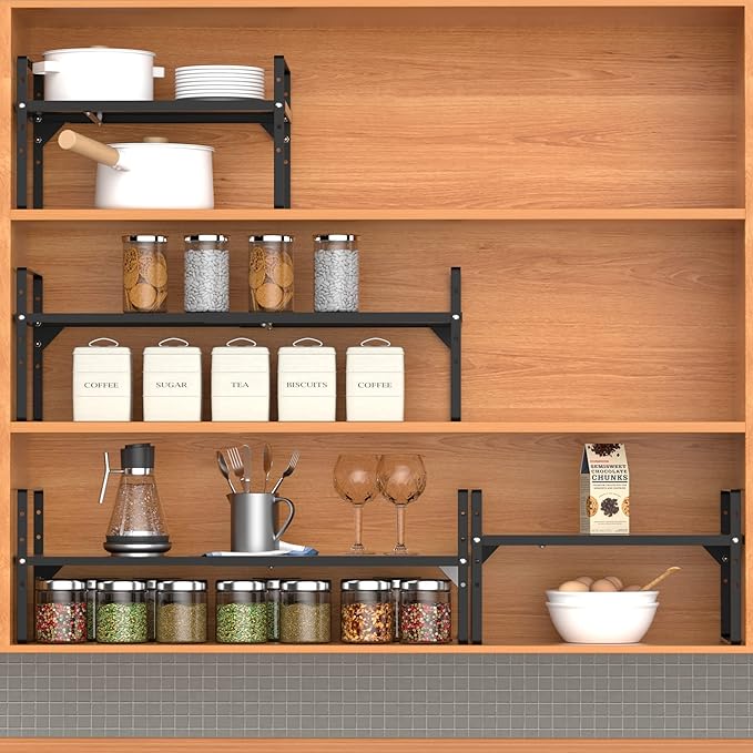 iPEGTOP Expandable Cabinet Storage Shelf Organizer Rack, Heavy Duty Cupboard Stand Spice Rack Adjustable Height Pantry Garage Shelf Space Riser for Counter Kitchen Organization, Black, 1 Pack