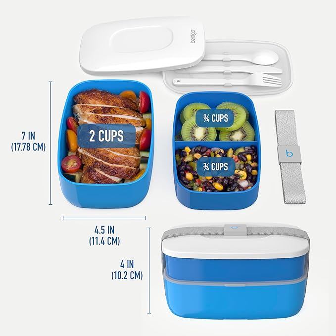 Bentgo Classic - Adult Bento Box, Stackable 3-Compartment Lunch Box with Removable Utensil Set and Sealing Strap, BPA-Free, Food Container Ideal for Meal Prep, Work, and On the Go (Blue)