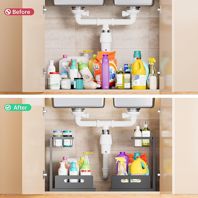VUSIGN Under Sink Organizers Storage, 2 Tier Under Cabinet Organizer Shelf, Pull Out Kitchen Bathroom Sink Organizer Storage Organization, 2 Pack Black