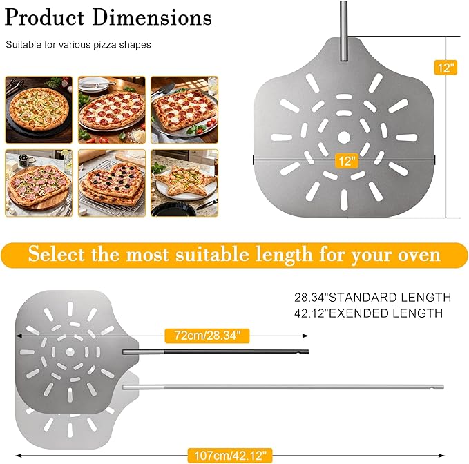 Pizza Peel 12" Metal Pizza Paddle with Adjustable 28"–42" Handle, Heat Resistant Pizza Spatula for Family Pizza Oven Baking Pizza, Dough, Bread