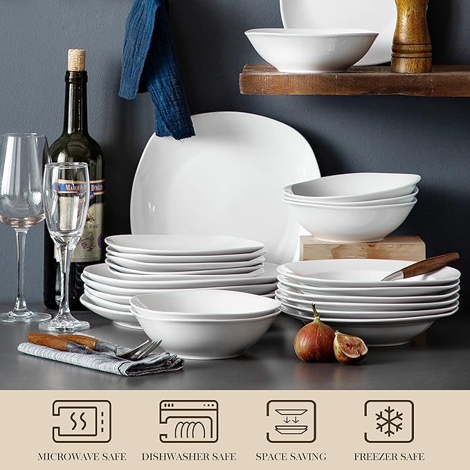 MALACASA Dinnerware Sets, 24-Piece Porcelain Square Dishes, Grey White Ceramic Dish Set for 6, Chip and Scratch Resistant Plates and Bowls Sets, Series ELISA