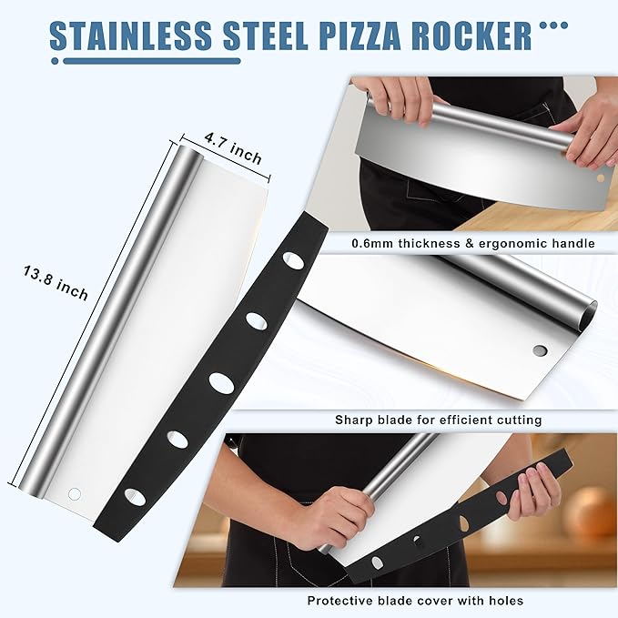 Aluminum Pizza Peel Spatula Set, HaSteeL 12 Inch Pizza Paddle Shovel, 14 Inch Metal Pizza Cutter Rocker, Pizza Oven Accessories Tools for Cooking Baking Turning Cutting, Detachable Handle, Perforated