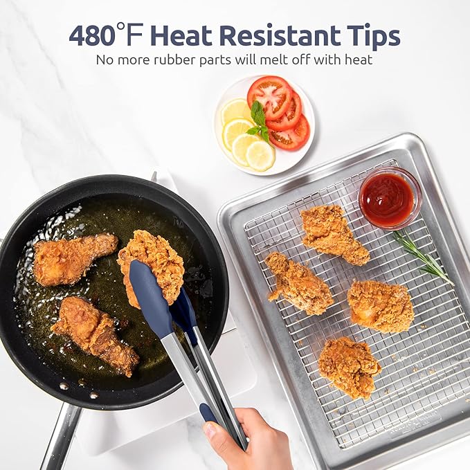 Heat Resistant Silicone Kitchen Tong: U-Taste 12 inch Large 480ºF Hot Proof Cooking Tong with Sturdy Non Stick Rubber Tips & Silicon Coated Steel Handle & Smooth Locking for Serving (Midnight Blue)