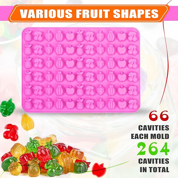 Set of 8 Fruit Snack Molds Silicone Bpa Free, Gummy Molds Trays for Candy Chocolate Gummies Baking - with 2 Dropper & 2 Cleaning Brush(Cherries Grape Banana Apple Pineapple)