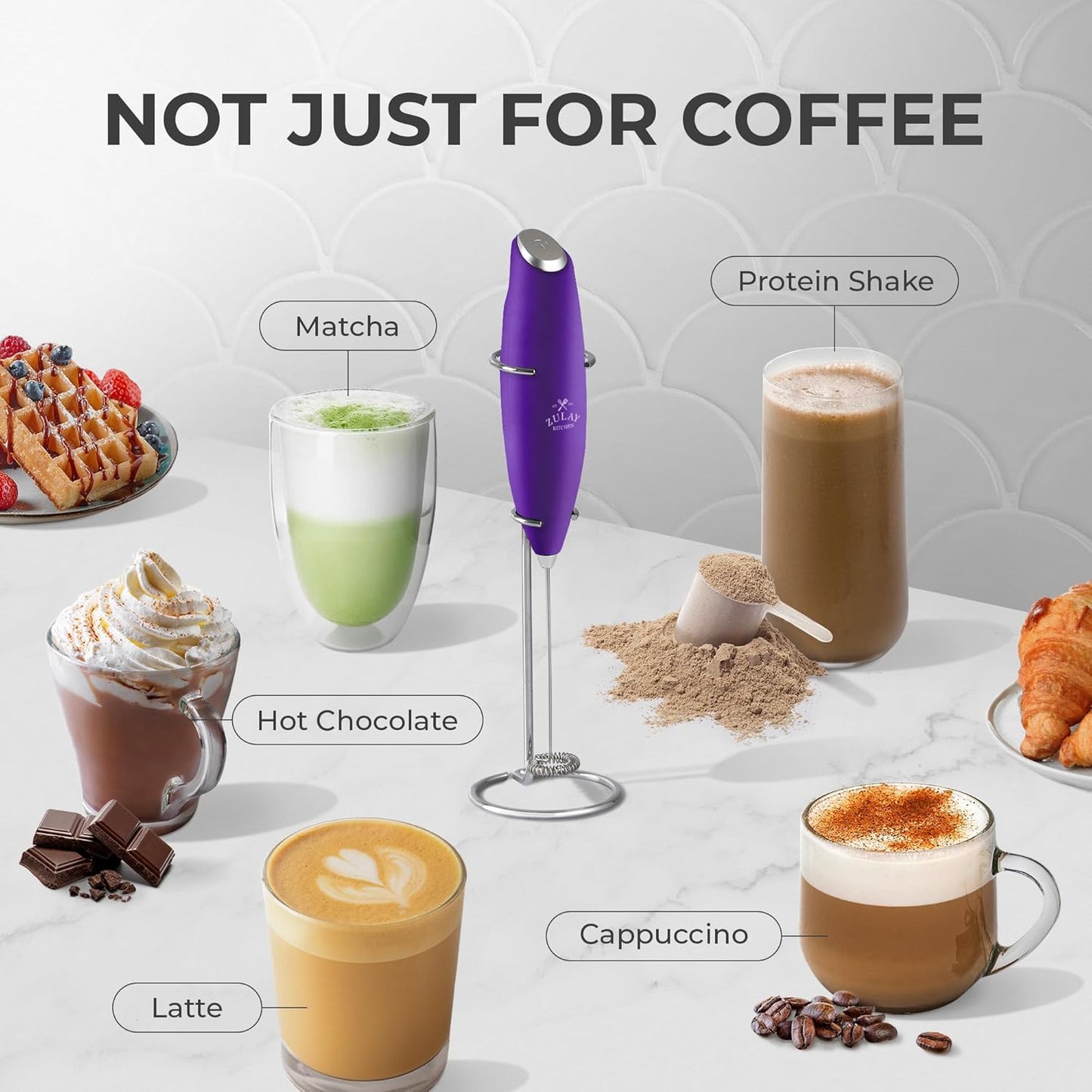 Zulay Kitchen Powerful Milk Frother Wand With 4 AA Duracell Batteries - Ultra Fast Handheld Drink Mixer - Electric Whisk Foam Maker for Coffee, Lattes, Cappuccino, Matcha & Creamer -