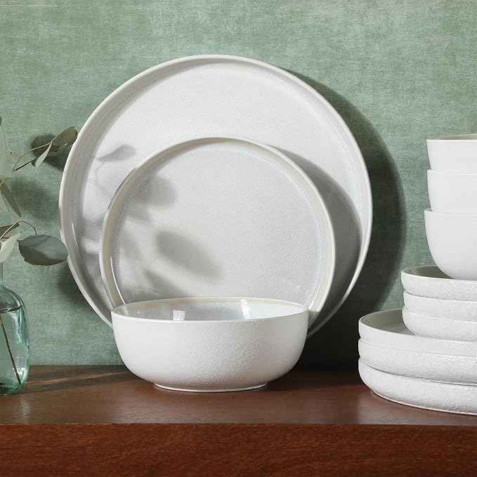 Gibson Elite Tahoe Sunset 12 Piece Stoneware Reactive Glaze (Service for 4) Ceramic Plates and Bowls Dinnerware Set - Cream White