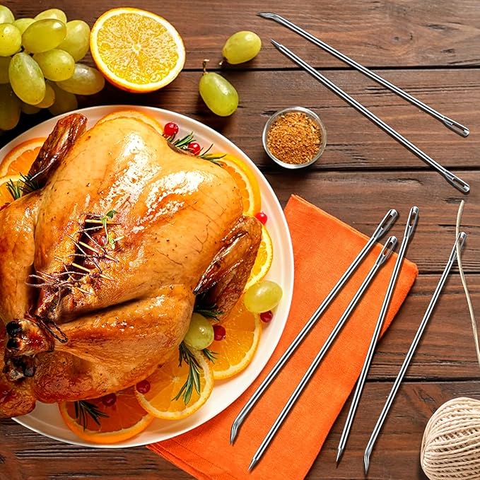 Ofargo Meat Trussing Needles, Roasting Trussing Needles for Lacing Roast Turkey, Chicken, Pork Skin, Whole Hog, Lamb, and Rotisserie Pig; 3pcs Curved Needles and 3pcs Straight Needles; 6pcs in All