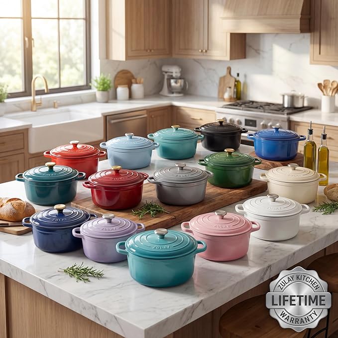 Zulay Kitchen 7.7 Quart Enameled Cast Iron Dutch Oven Pot with Lid – Premium Durability & Oven Safe up to 500°F – Heavy Duty Cookware Perfect for Bread Baking, Stews, Braising & Roasting – Blue