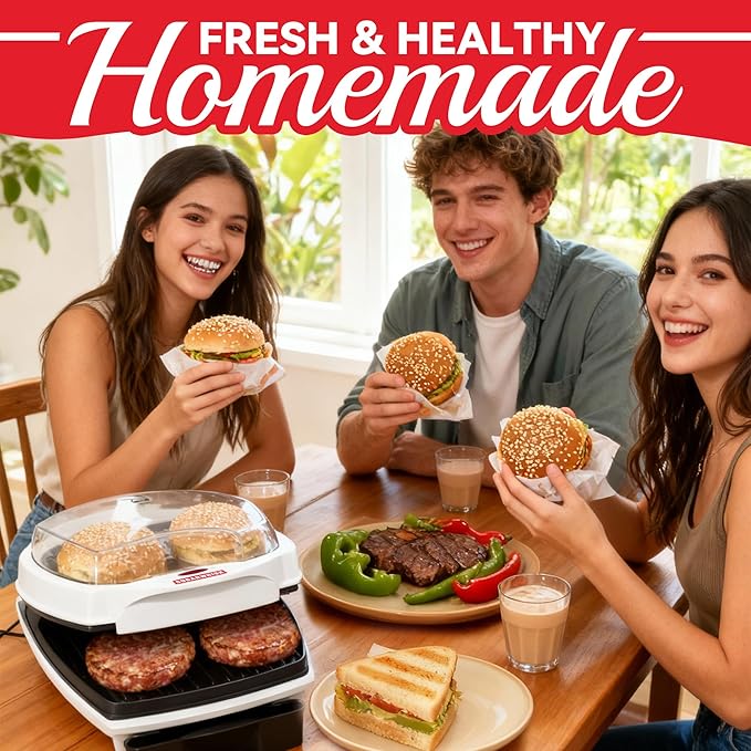 SugarWhisk 2 In 1 Hamburger Grill Maker, Electric Indoor Grill and Panini Press with Non-stick Grill Plates, 1200W, Easy to Clean and Store, White